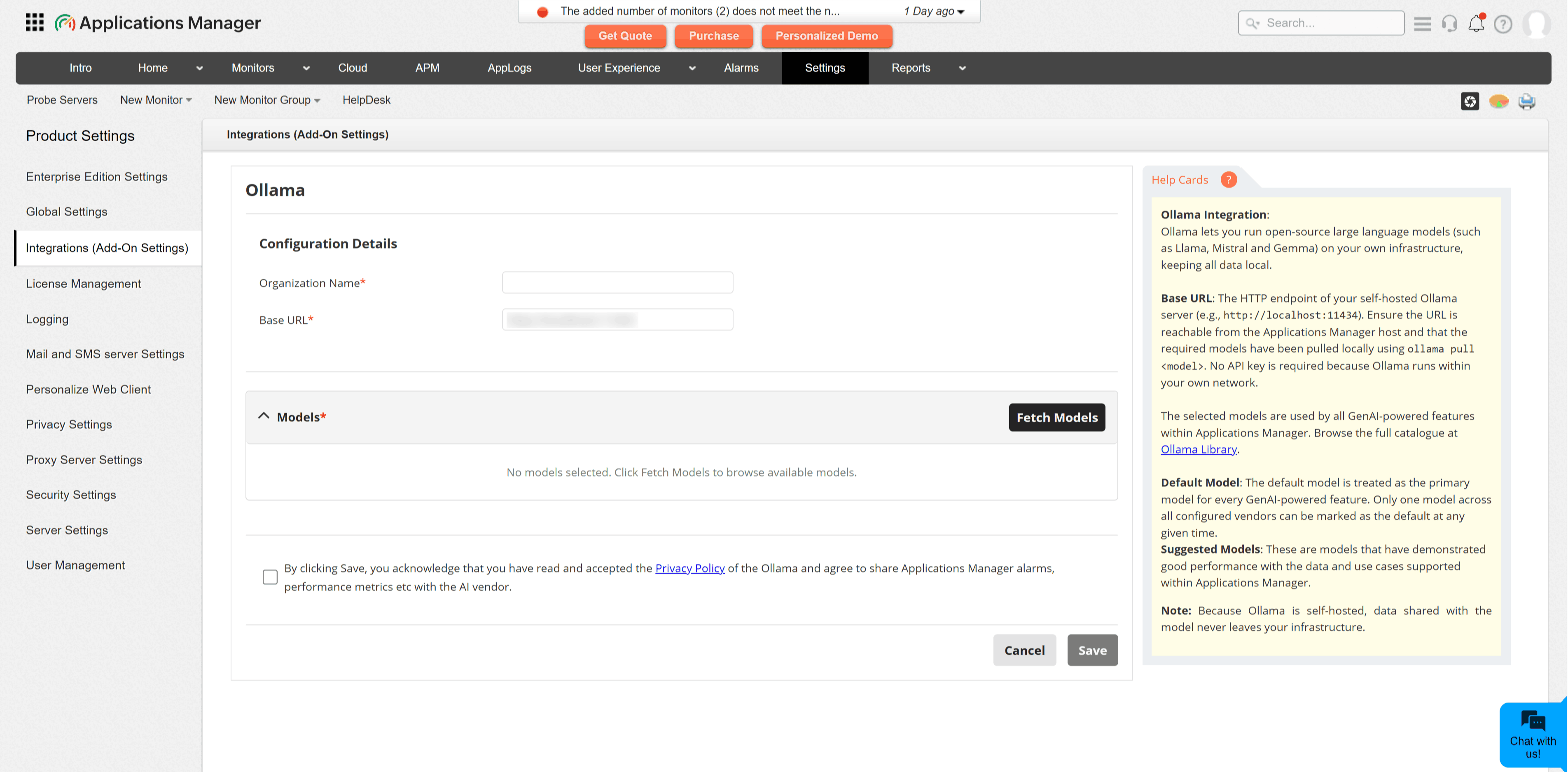 Ollama integration configuration page in Applications Manager showing the Ollama Server URL field