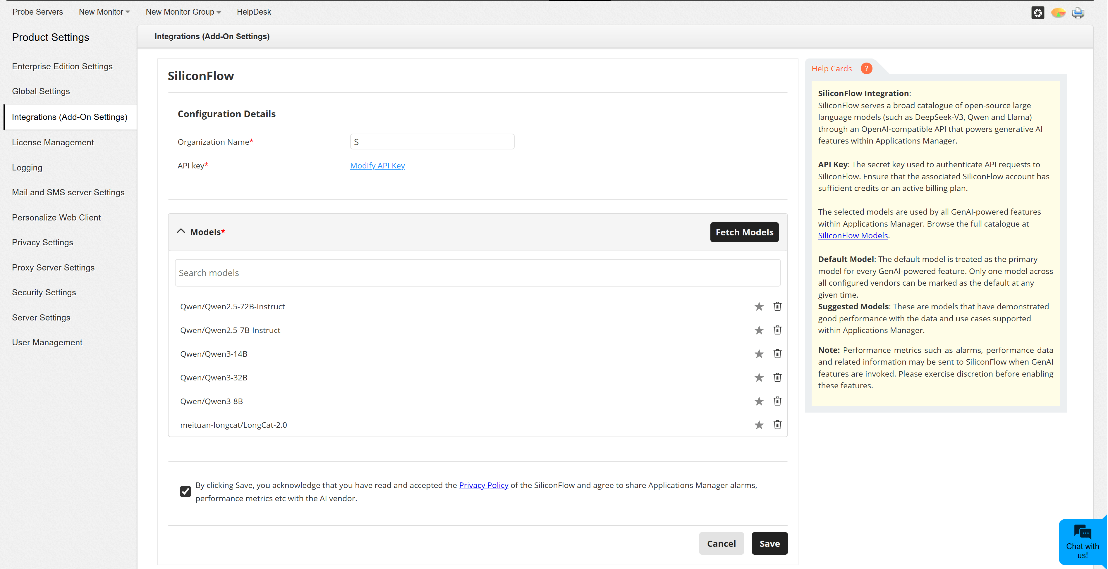 Fetched SiliconFlow models list showing selected models and the default model star icon
