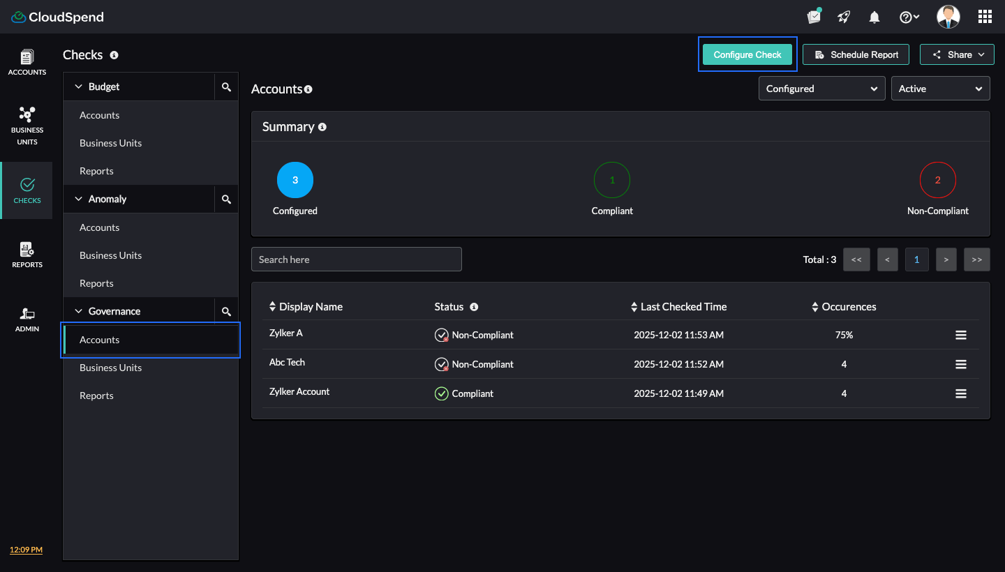 Governance Checks for Accounts Accounts