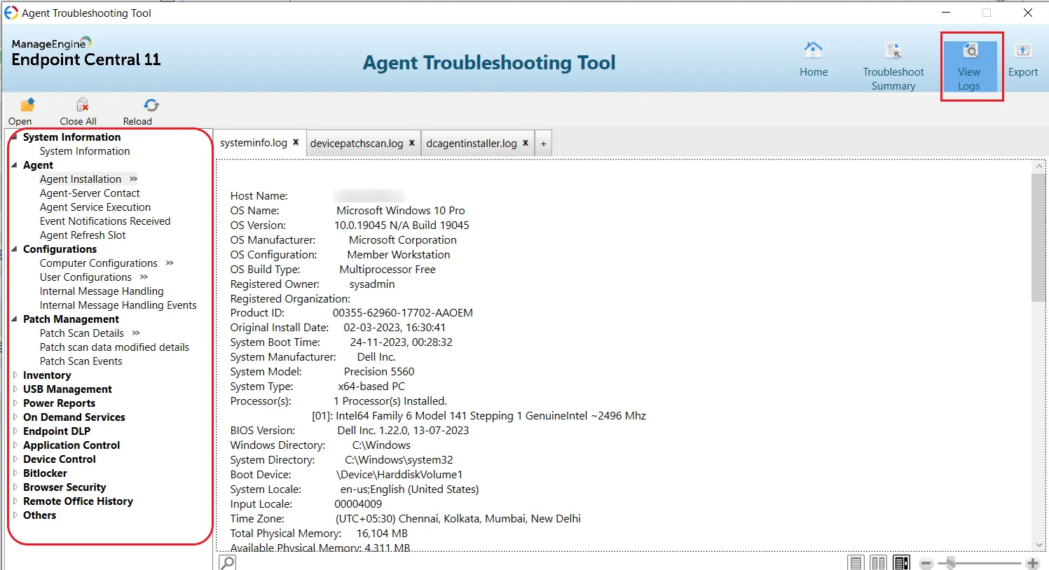 View Logs in Troubleshooting Tool