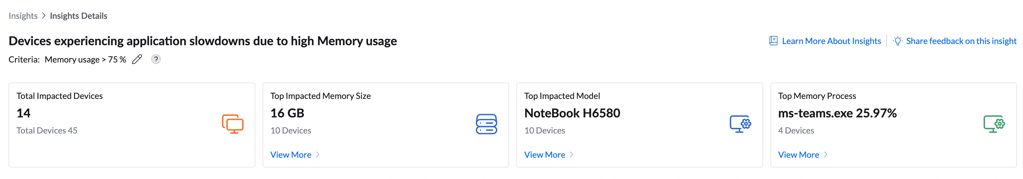Insight summary bar showing Total Impacted Devices, Top Impacted Memory Size, Top Impacted Model, Top Memory Process Insight summary bar showing Total Impacted Devices, Top Impacted Memory Size, Top Impacted Model, Top Memory Process