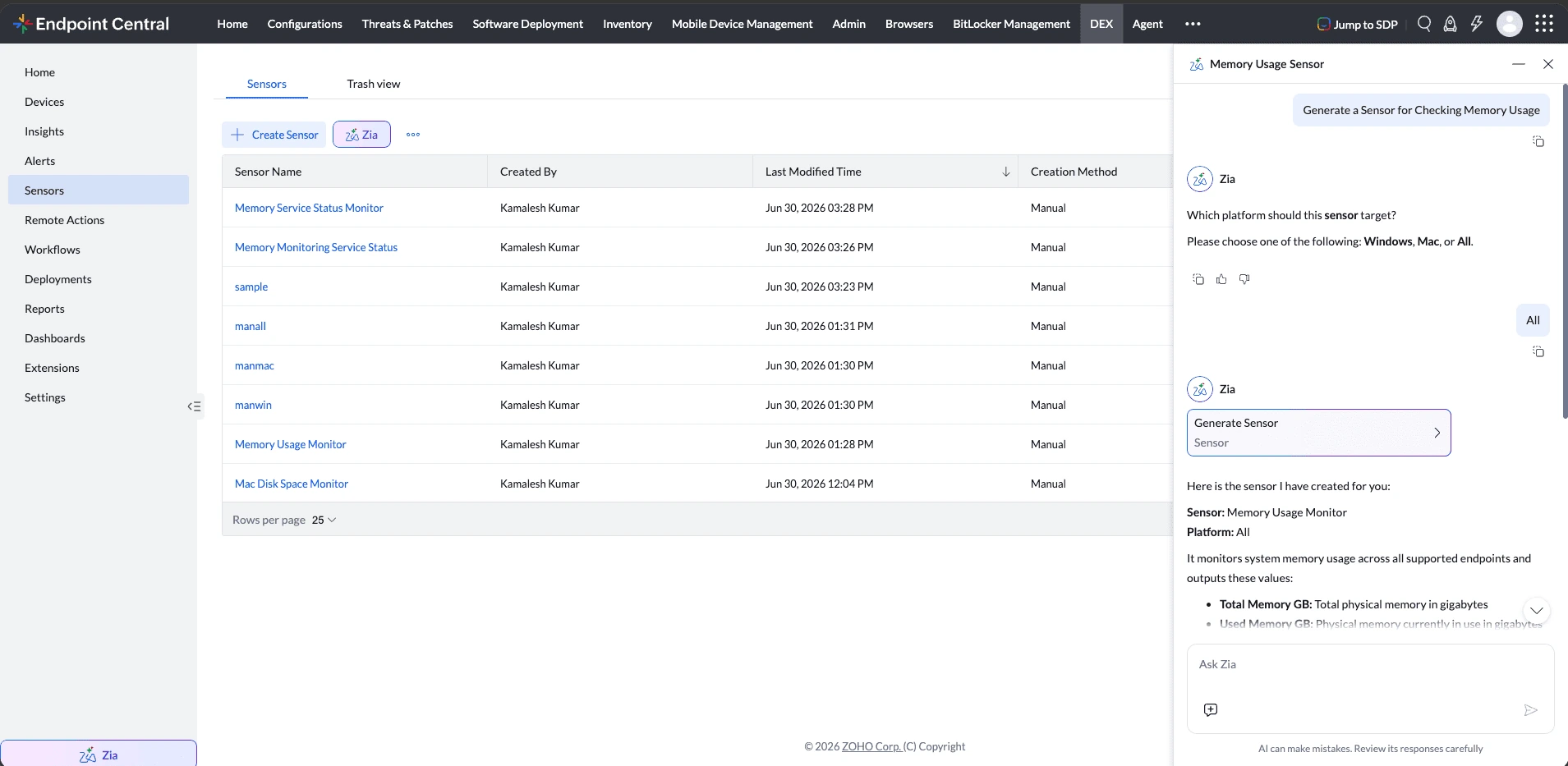 Endpoint Central Sensors page with Ask Zia panel Endpoint Central Sensors page with Ask Zia panel