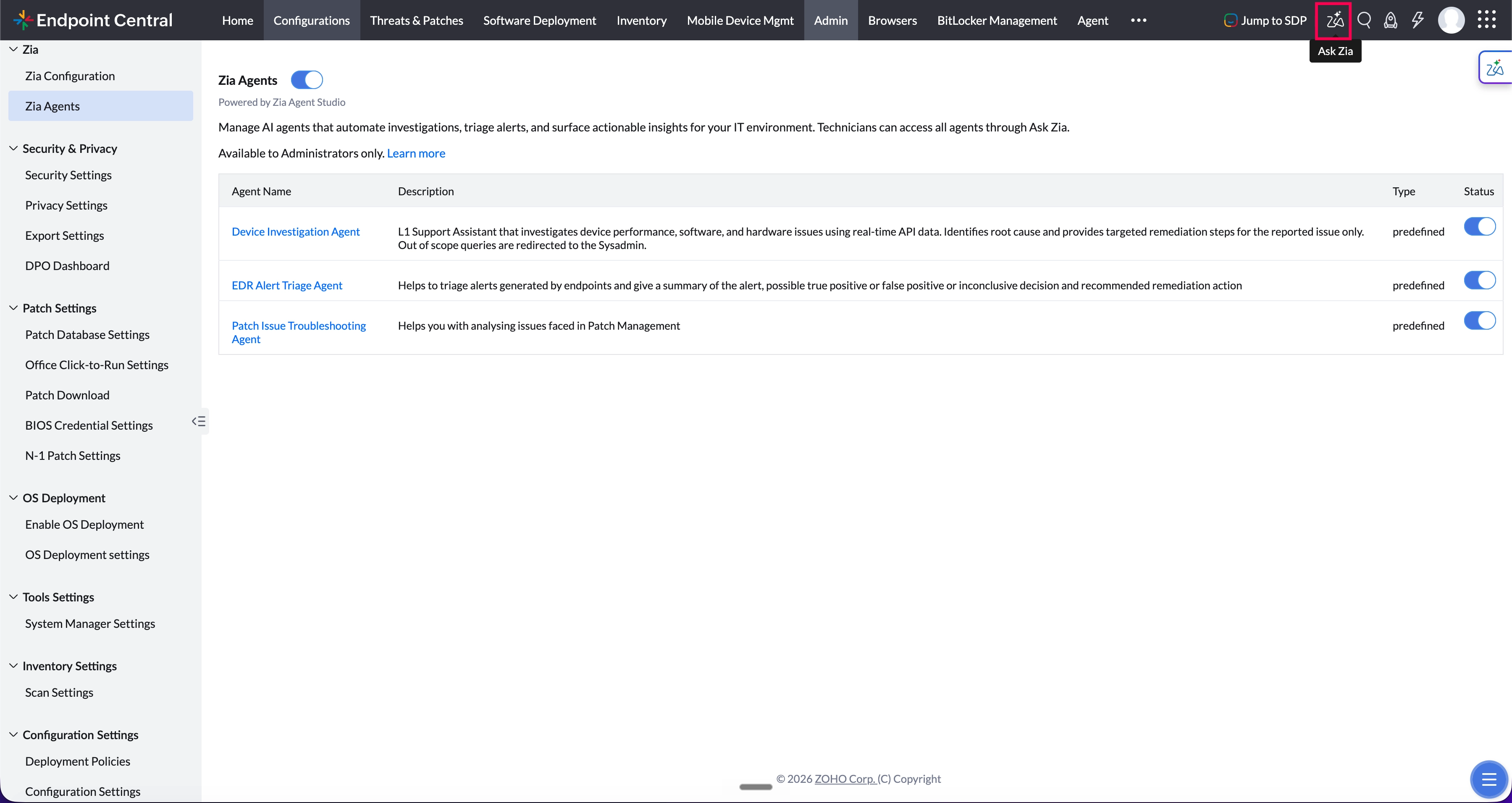 Ask Zia panel showing agent suggestions and query input