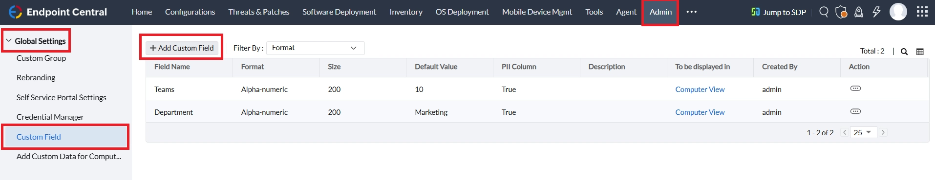 Desktop Central - Custom Fields Navigation to create a custom field.