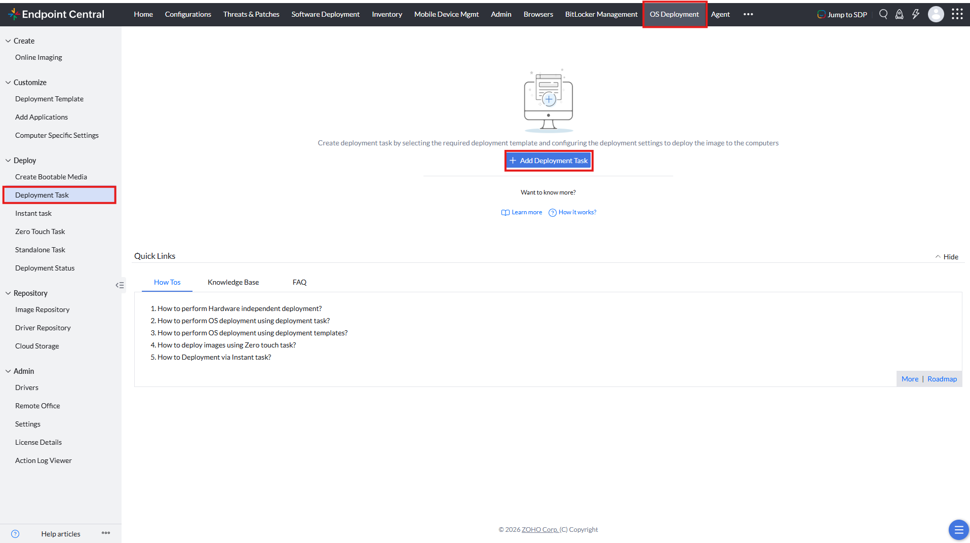 Navigation option for deployment via task