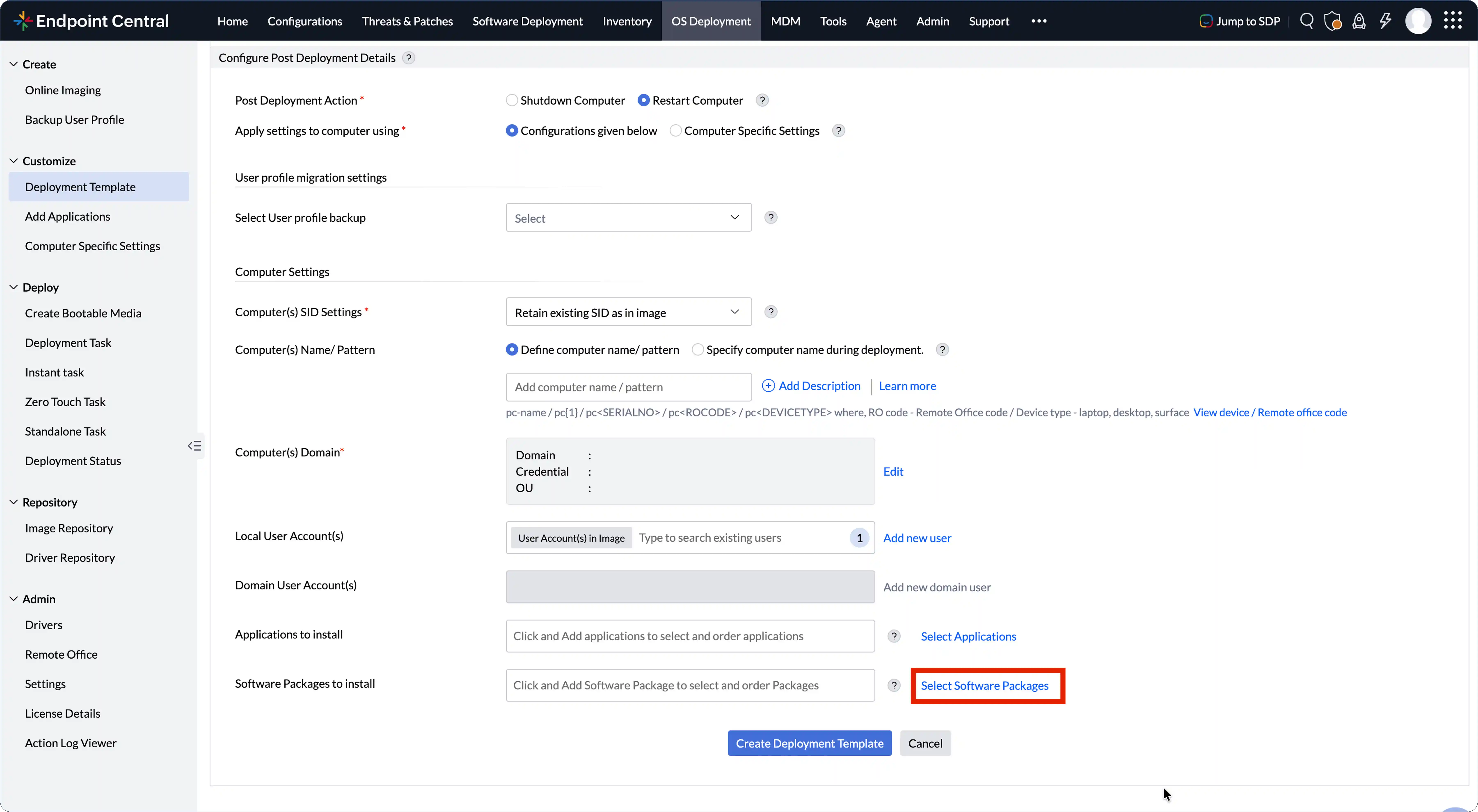 Selecting Software Package in Deployment Template