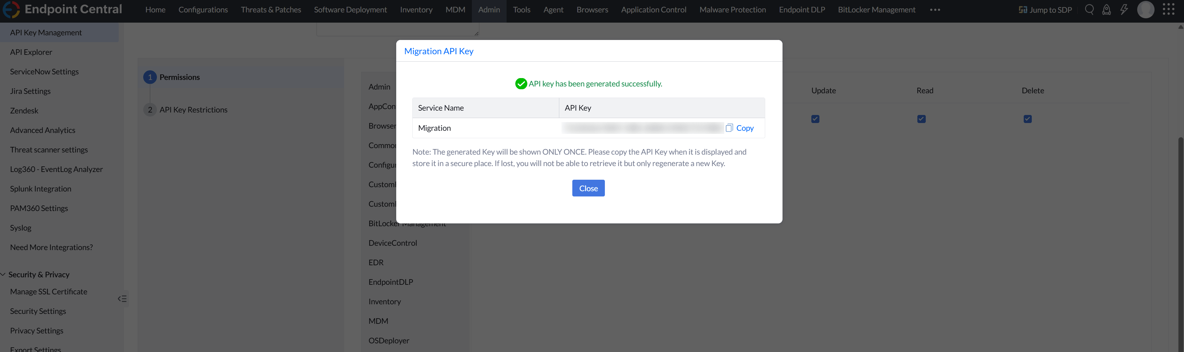 Migration Tool - API Key Generated