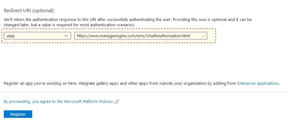 Selecting platform type, pasting the Redirect URL, and registering the app Selecting platform type, pasting the Redirect URL, and registering the app