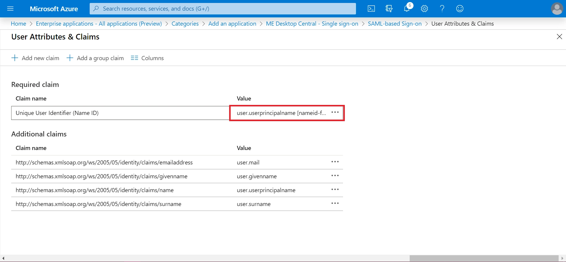 SAML Authentication settings for Azure Click user.userprincialname [nameid-f....