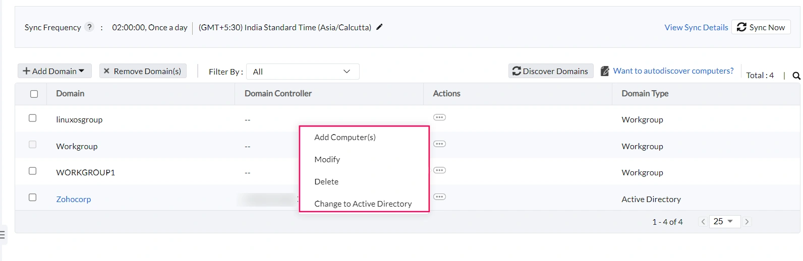 Manage Workgroup actions view