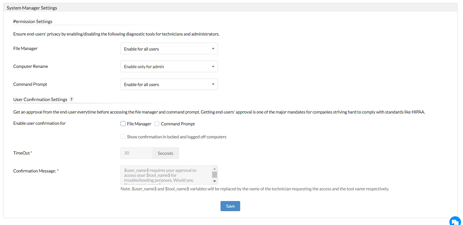 System Manager settings System Manager