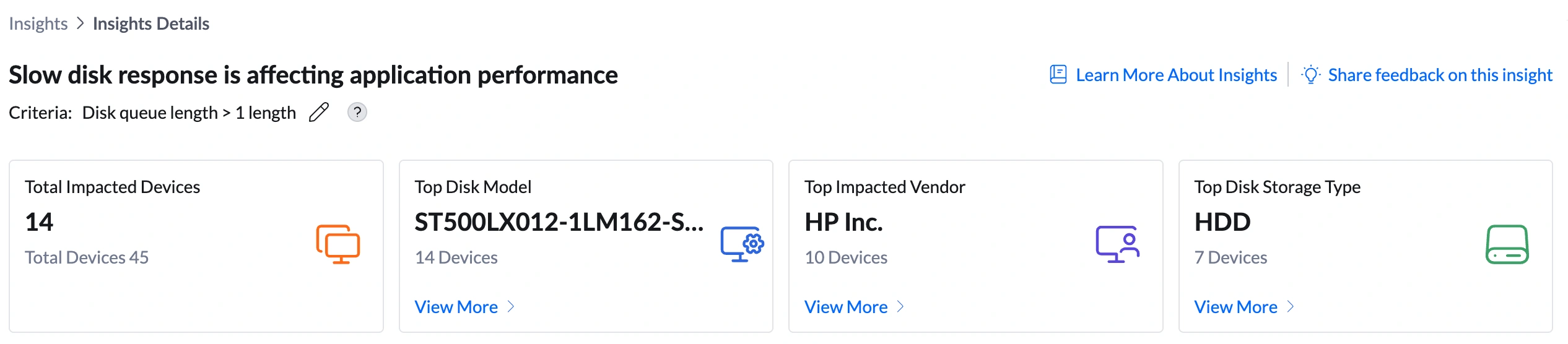 Insight summary bar showing Total Impacted Devices, Top Disk Model, Top Impacted Vendor, Top Disk Storage Type Insight summary bar showing Total Impacted Devices, Top Disk Model, Top Impacted Vendor, Top Disk Storage Type