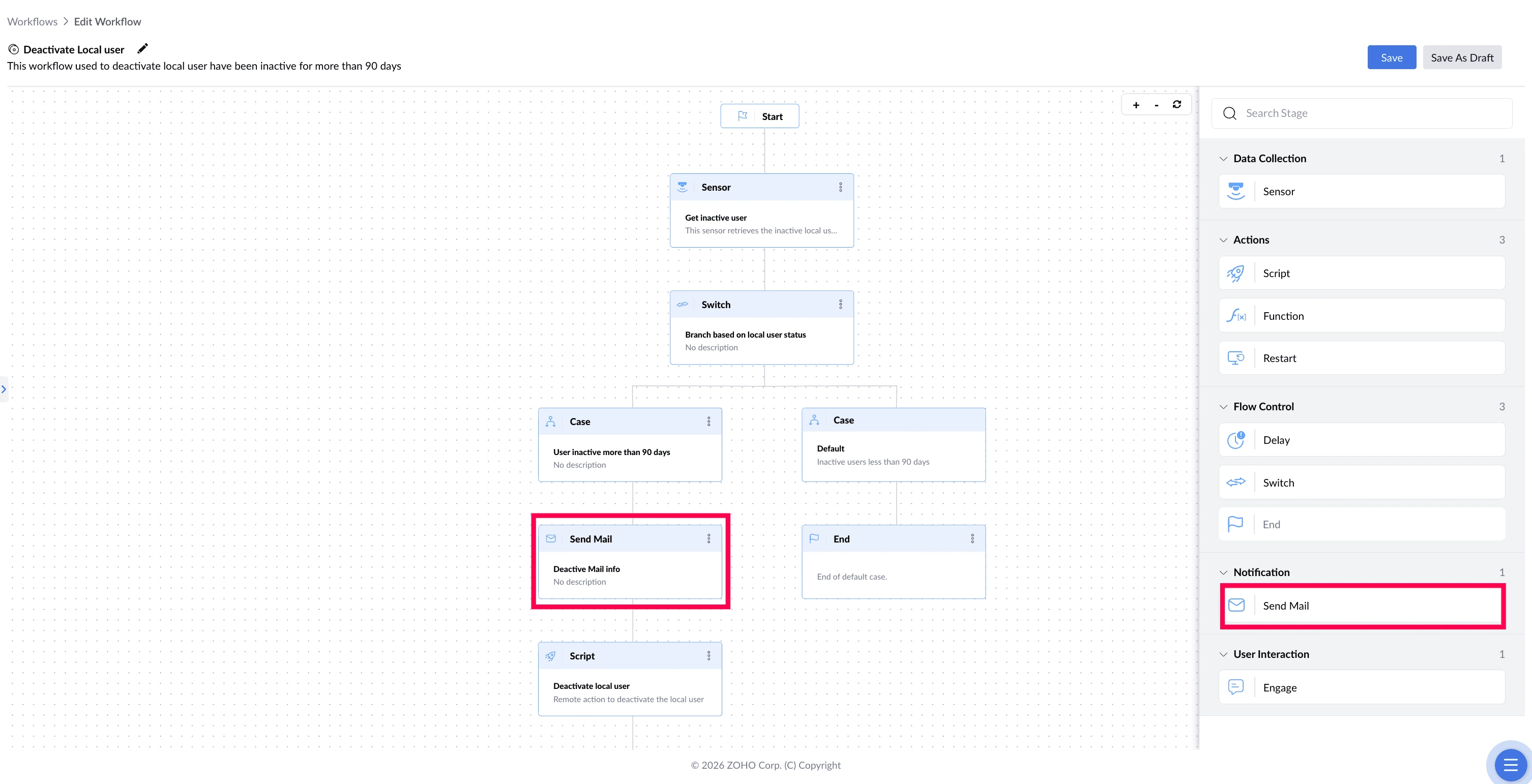 Workflow canvas highlighting the Send Mail stage.