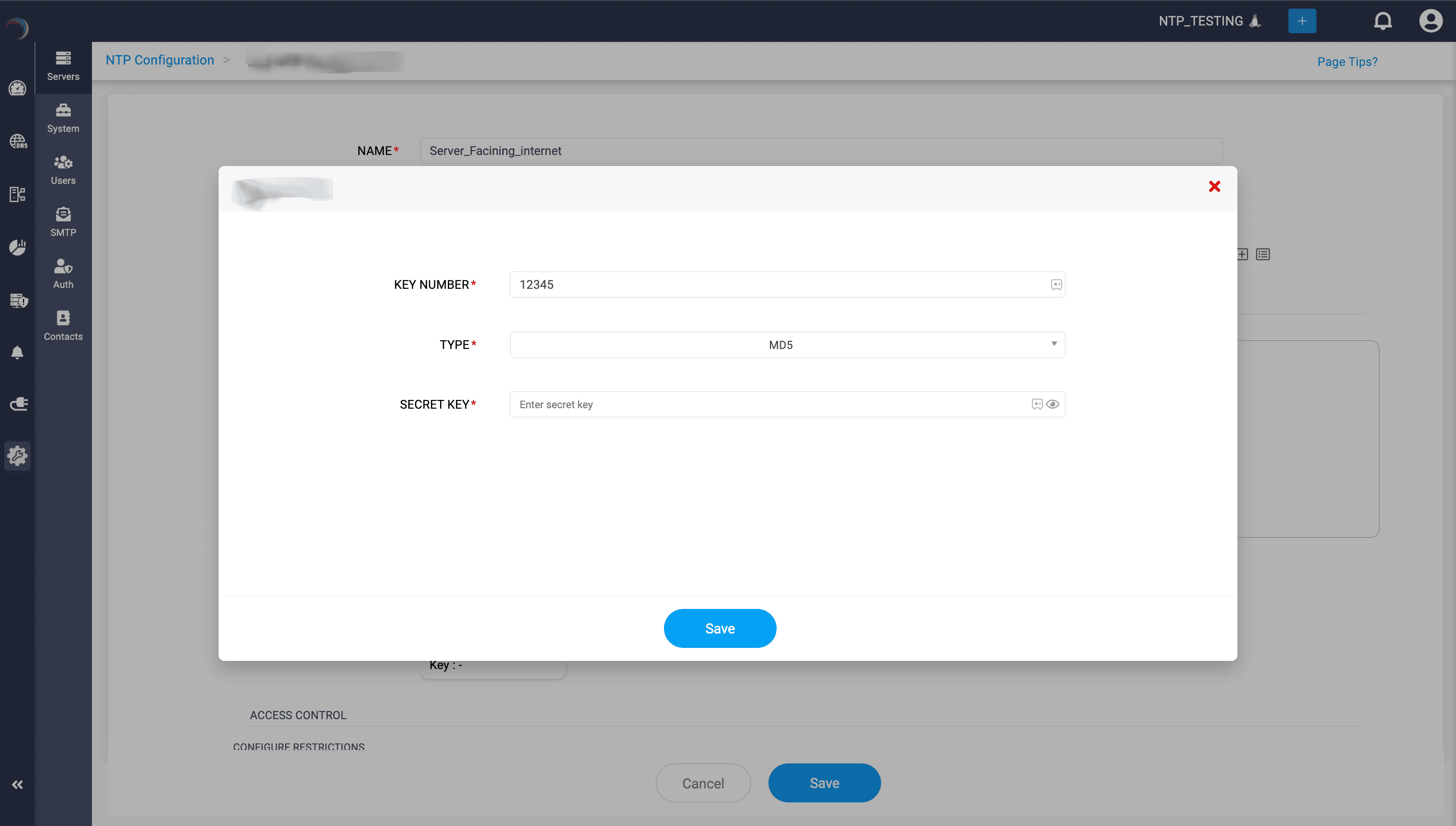 DDI Central - Add NTP Key Window