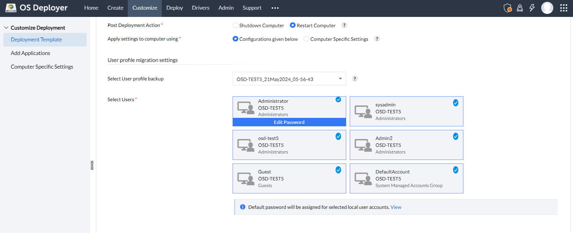 Screen showing user profiles to be migrated in Endpoint Central