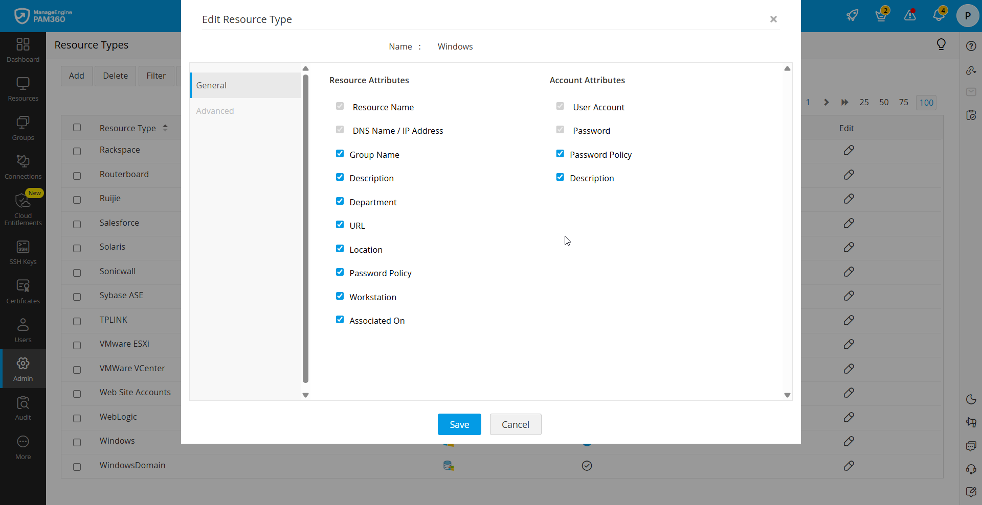 Edit resource type window
