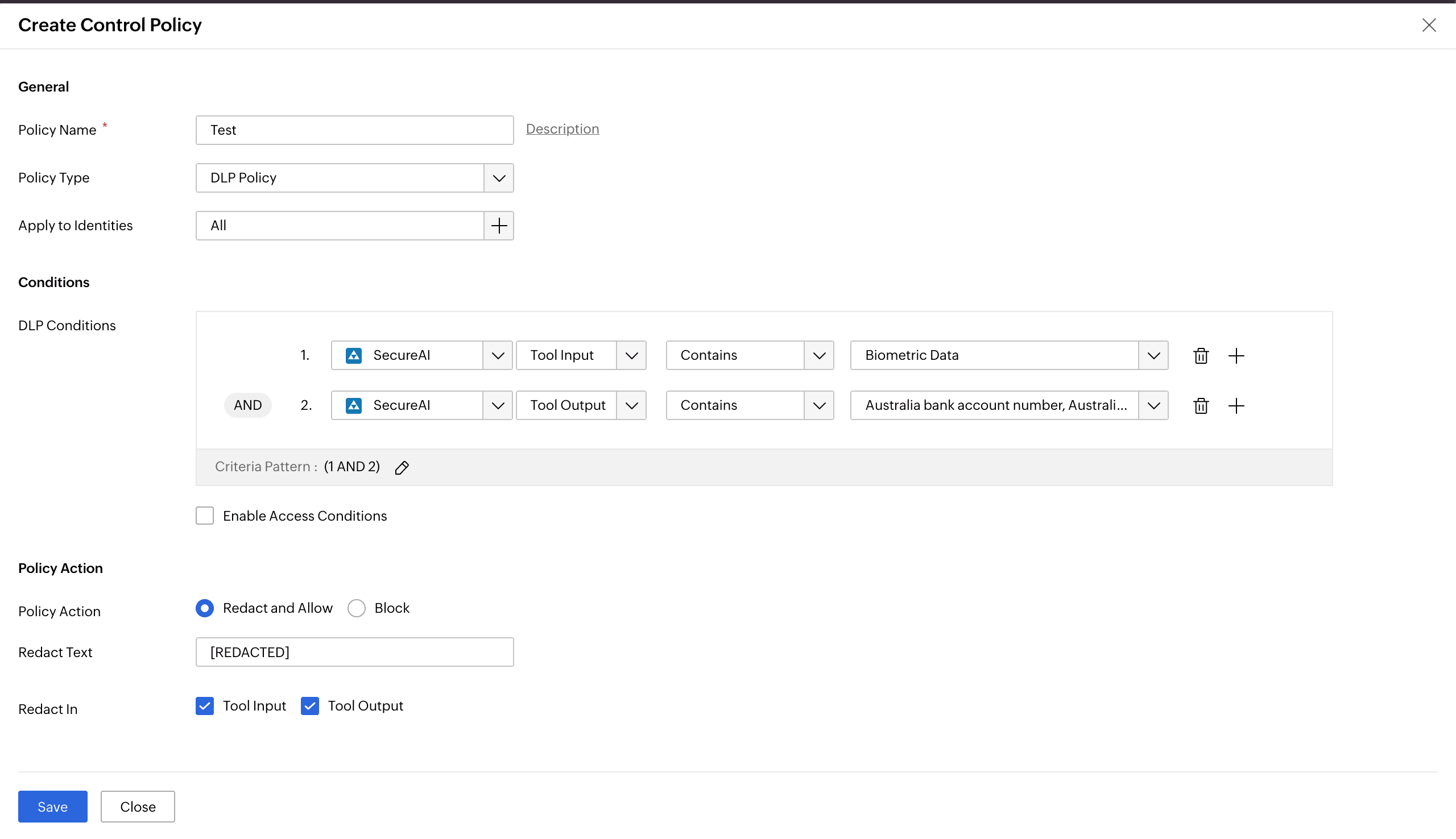 SecureAI’s Data Loss Prevention (DLP) Patterns list showing built-in and custom regex tabs with country and compliance filters for Copilot Studio agent traffic.