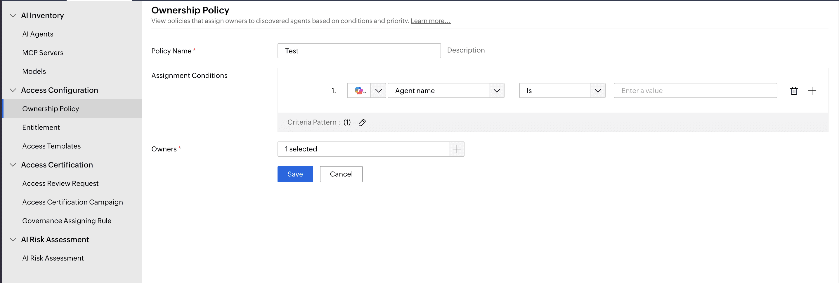 SecureAI’s Agent Ownership Policy form showing policy name, agent name, role conditions, and an owner selector for Copilot Studio agents.