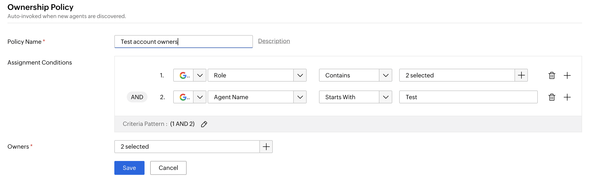 The Ownership Policy page in SecureAI showing the options to create a policy to assign a human owner for all test Gemini AI agents discovered or created.