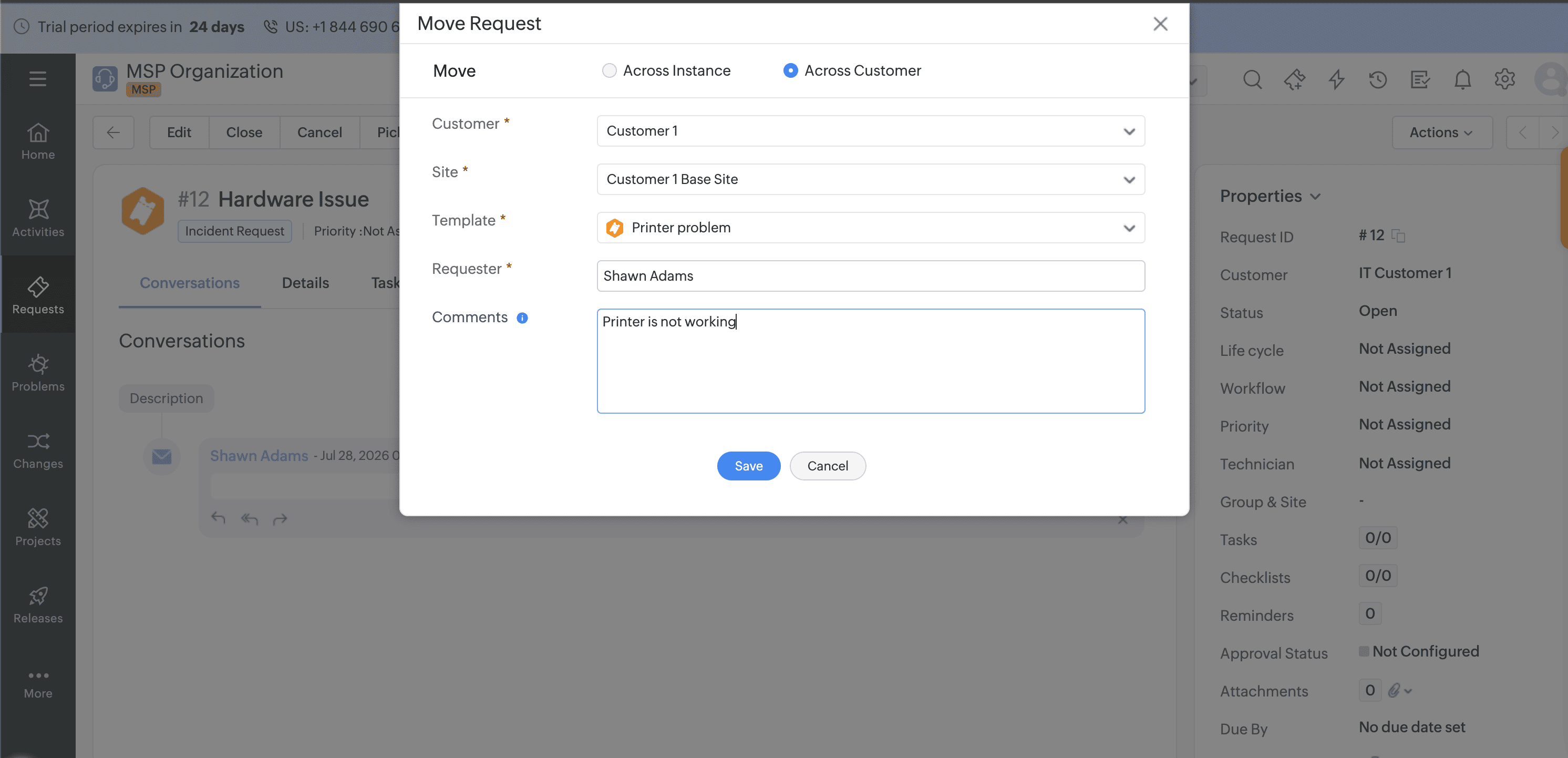 Move Request Across Customers