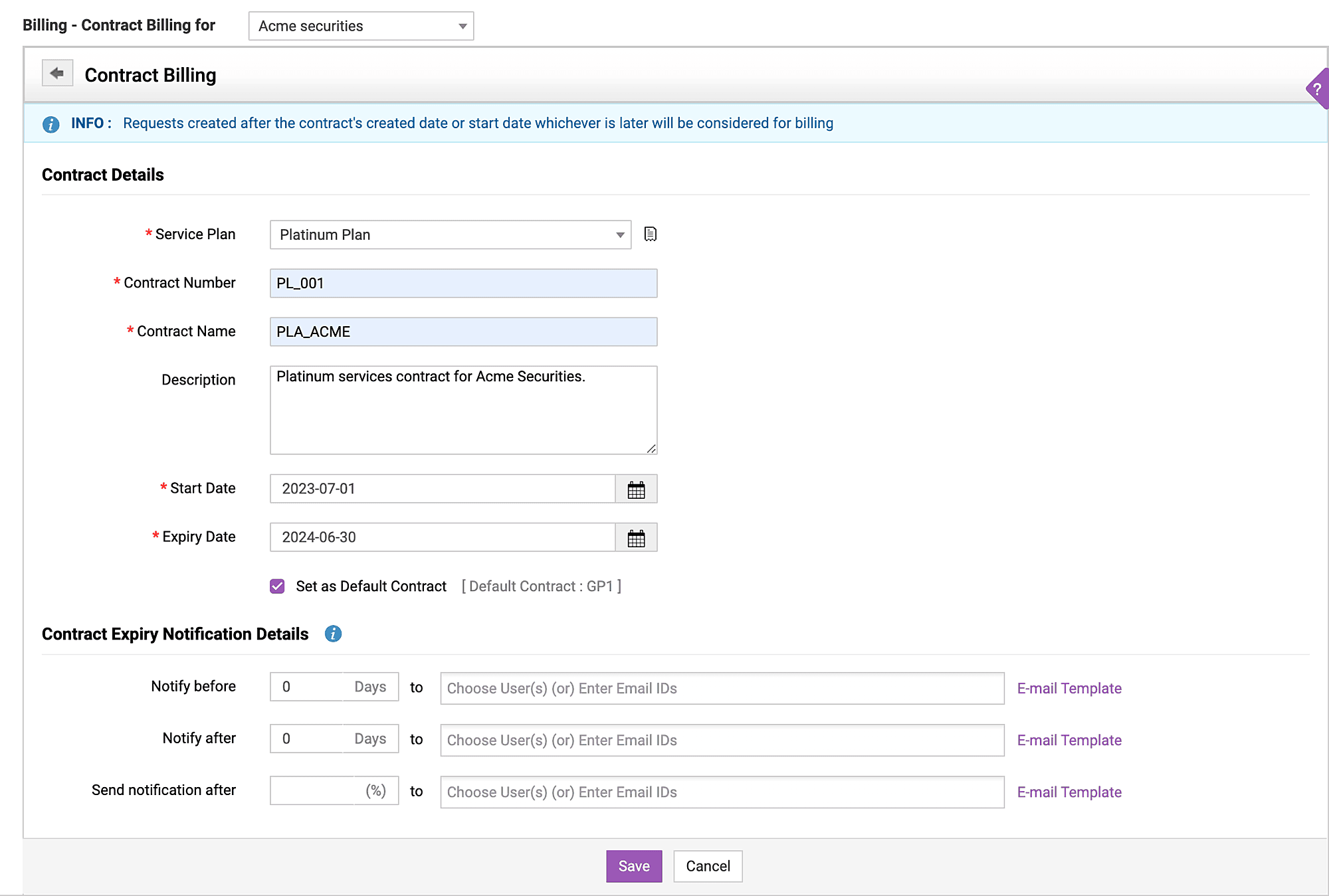 PSA ticketing system with service contracts for automated billing and contract management