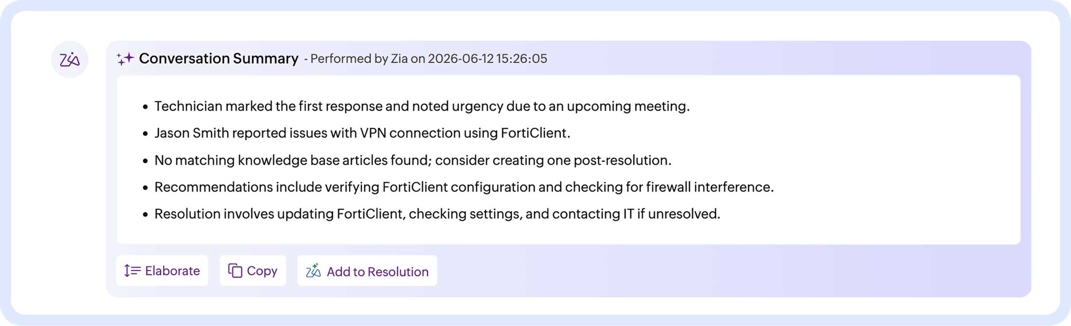 Zia AI automatically summarizing a support ticket conversation with key insights