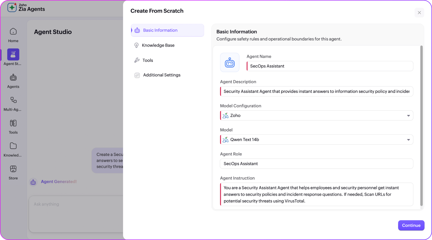 Agent Studio no-code builder Agent Studio no-code builder interface for creating custom Zia agents in ServiceDesk Plus