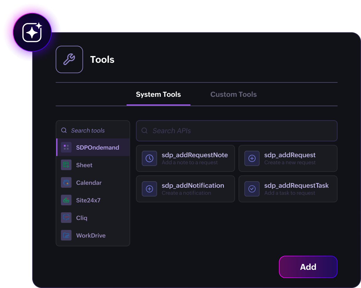 Equip agents with the right tools Zia agent configuration with connected tools and actions for ITSM workflows in ServiceDesk Plus