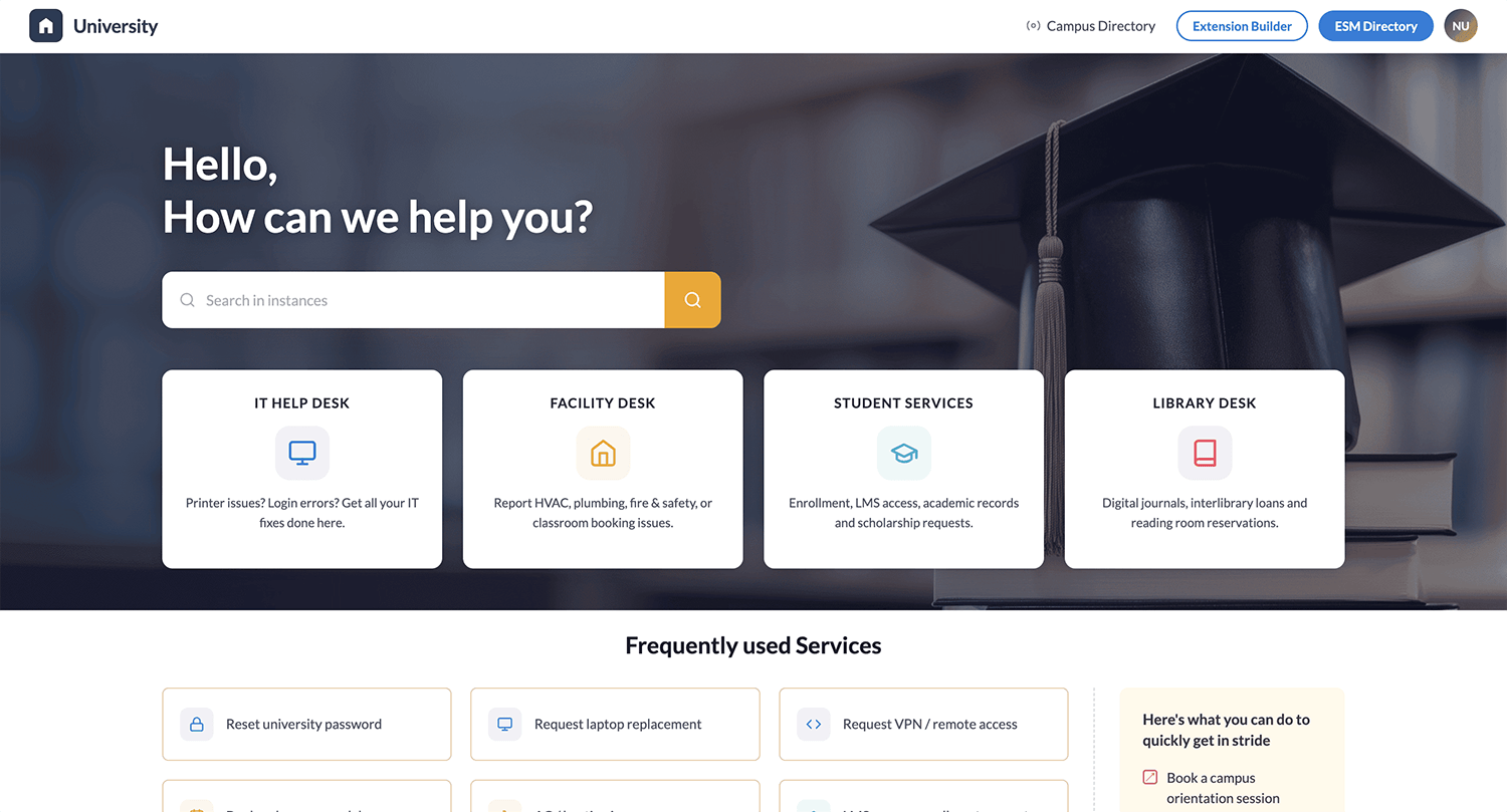 ESM portal homepage showing department tiles for IT, HR, facilities, finance, and student services