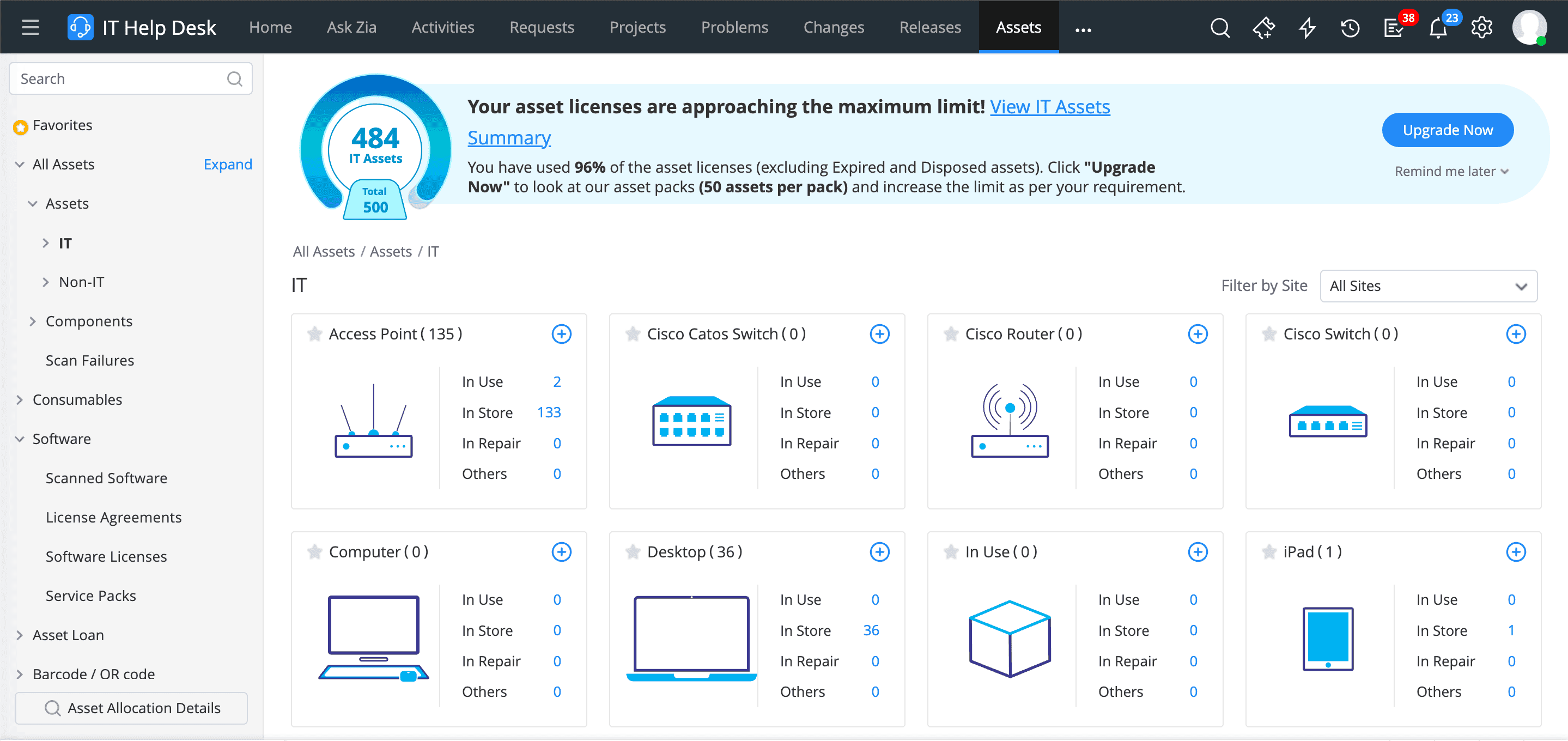 ServiceDesk Plus asset inventory listing IT and non-IT assets with lifecycle status, scan source, and asset details