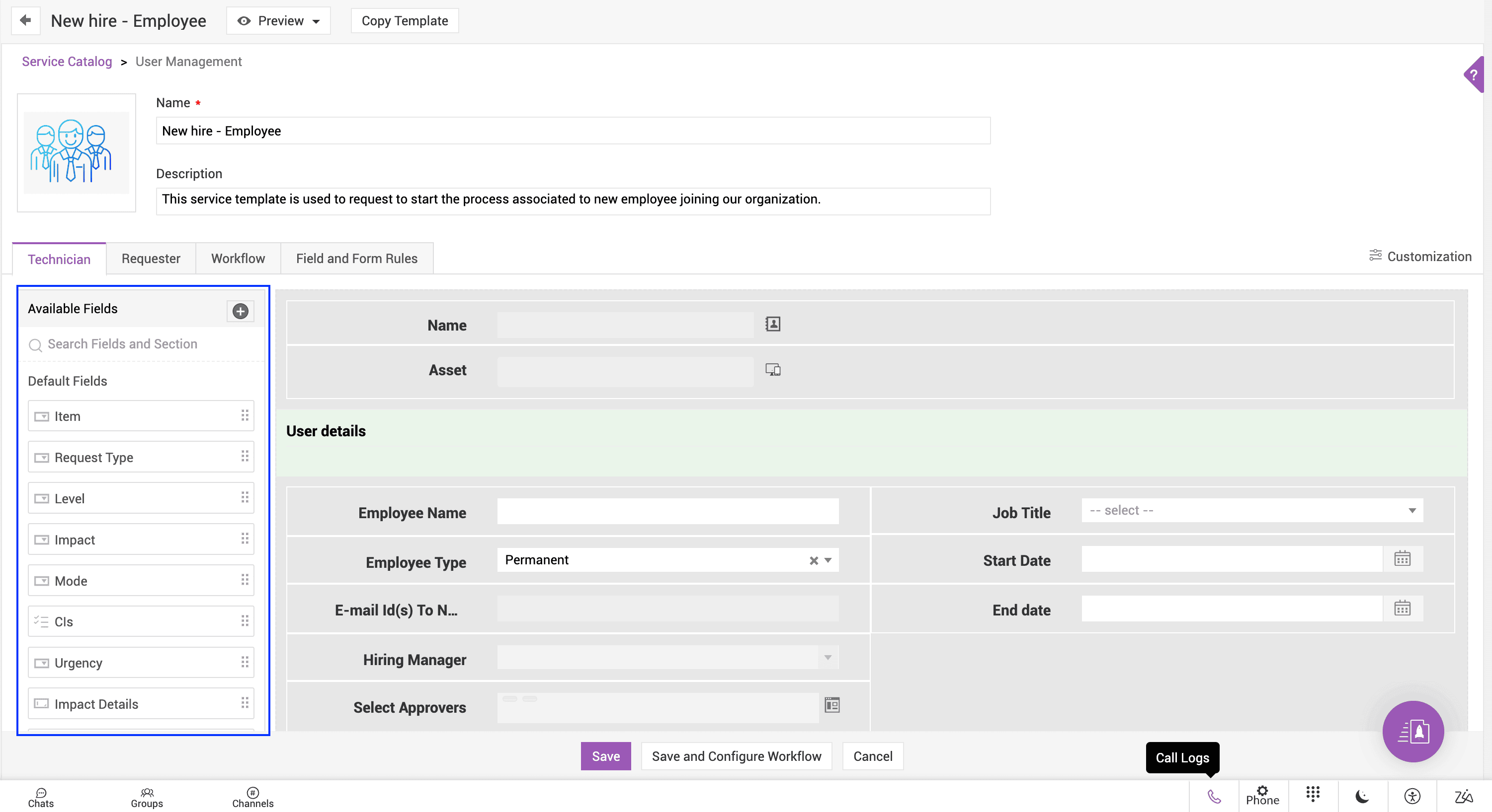 Service request template field editor in ServiceDesk Plus Drag-and-drop field editor in ServiceDesk Plus service request template
