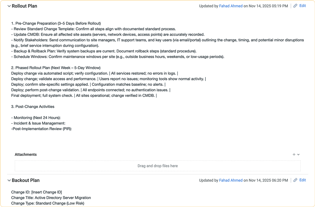 Document rollout and backout plans for controlled IT change execution