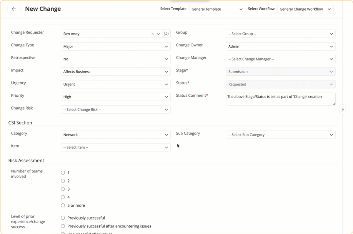Manual change risk assessment with scoring and questionnaires