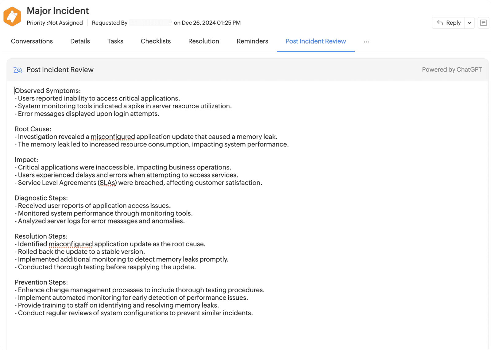 AI-generated post-incident review showing timeline, contributing factors, and resolution summary