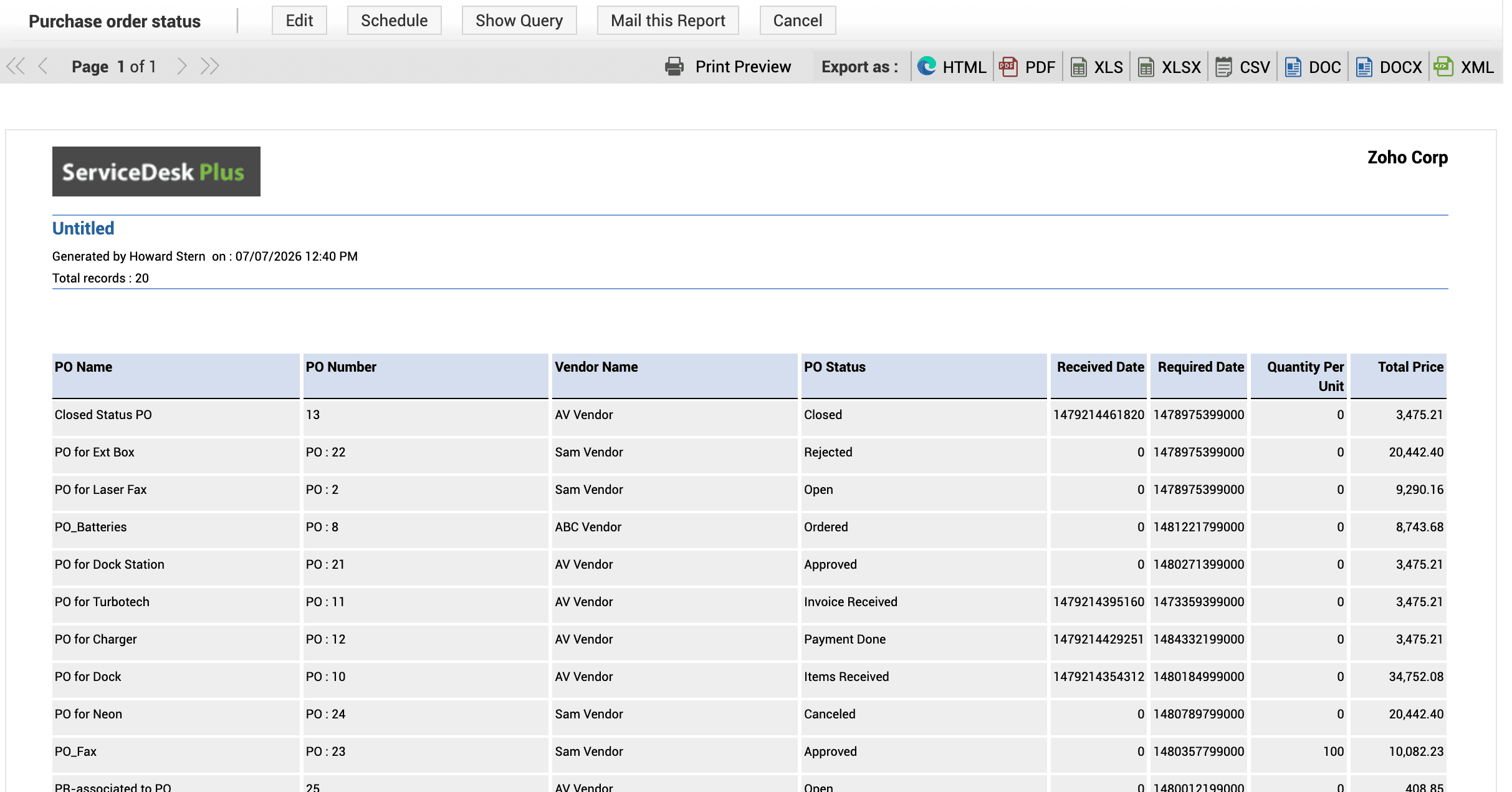 Purchase order query report in ServiceDesk Plus Query report for purchase orders filtered by status and vendor
