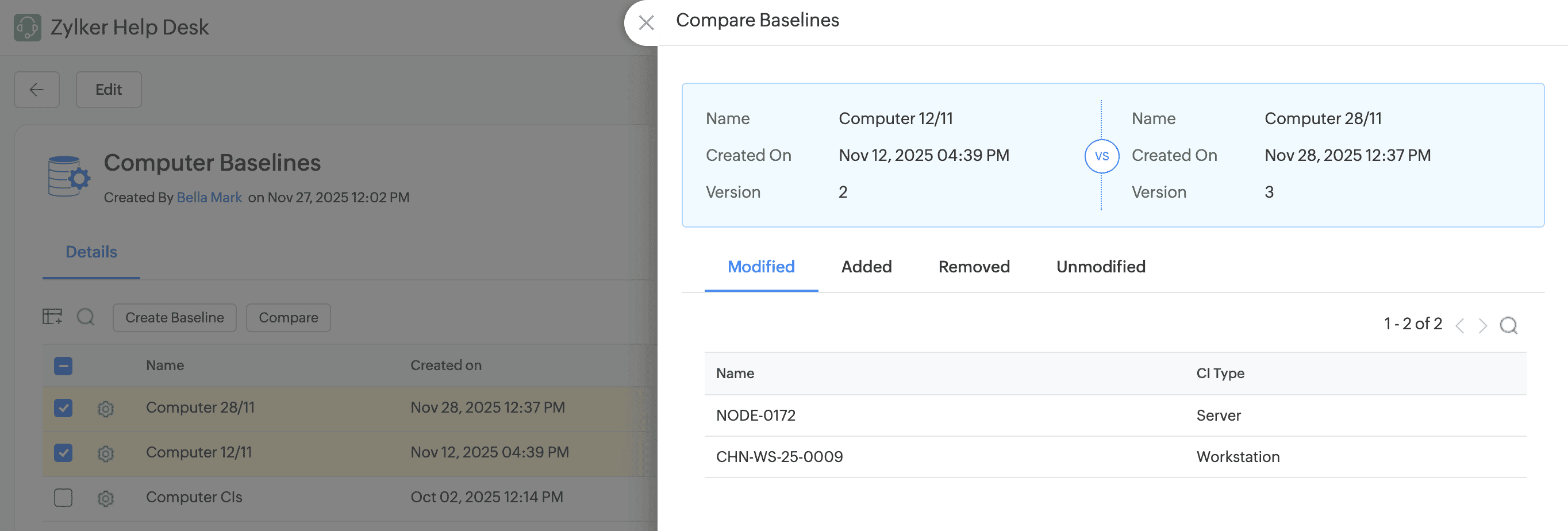 Comparing CMDB baselines to surface what changed since the last known-good state Compare baselines view in ServiceDesk Plus CMDB highlighting CI configuration drift