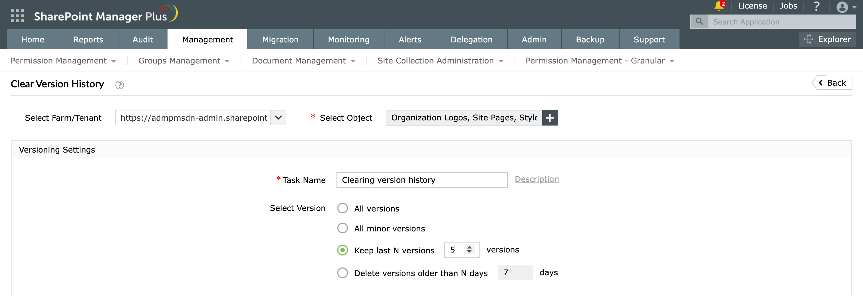 The Clear Version History feature in SharePoint Manager Plus.
