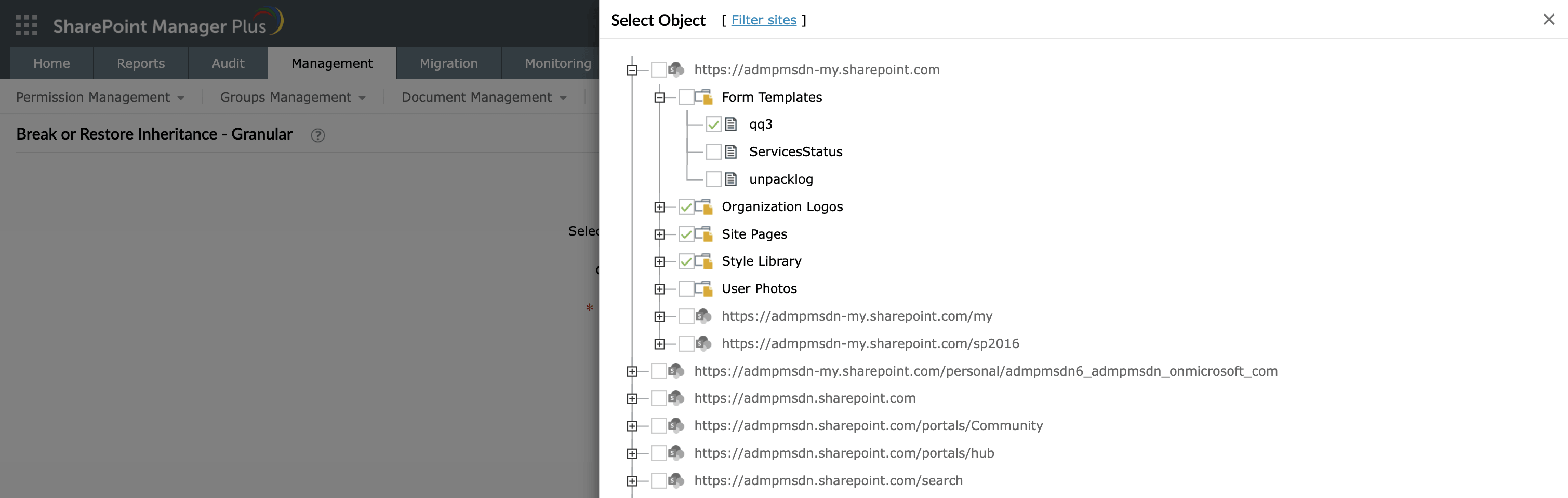Selecting mixed-scope objects for a break-inheritance task in SharePoint Manager Plus.