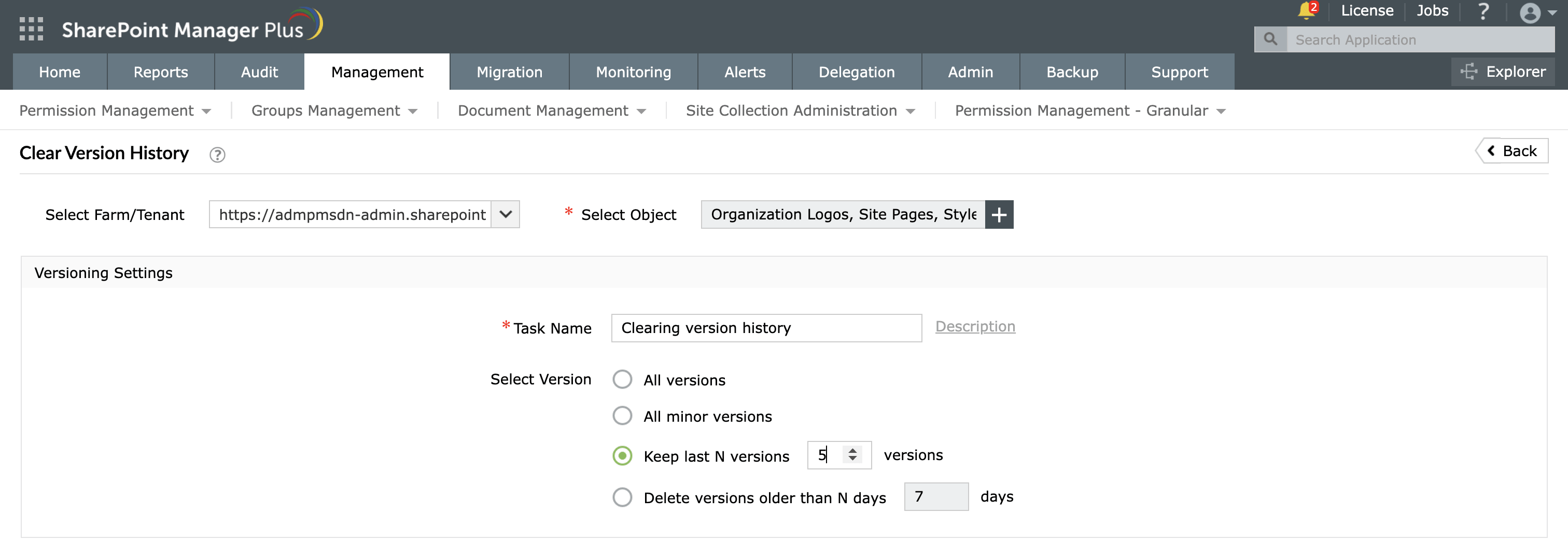 Choosing version cleanup criteria in SharePoint Manager Plus.