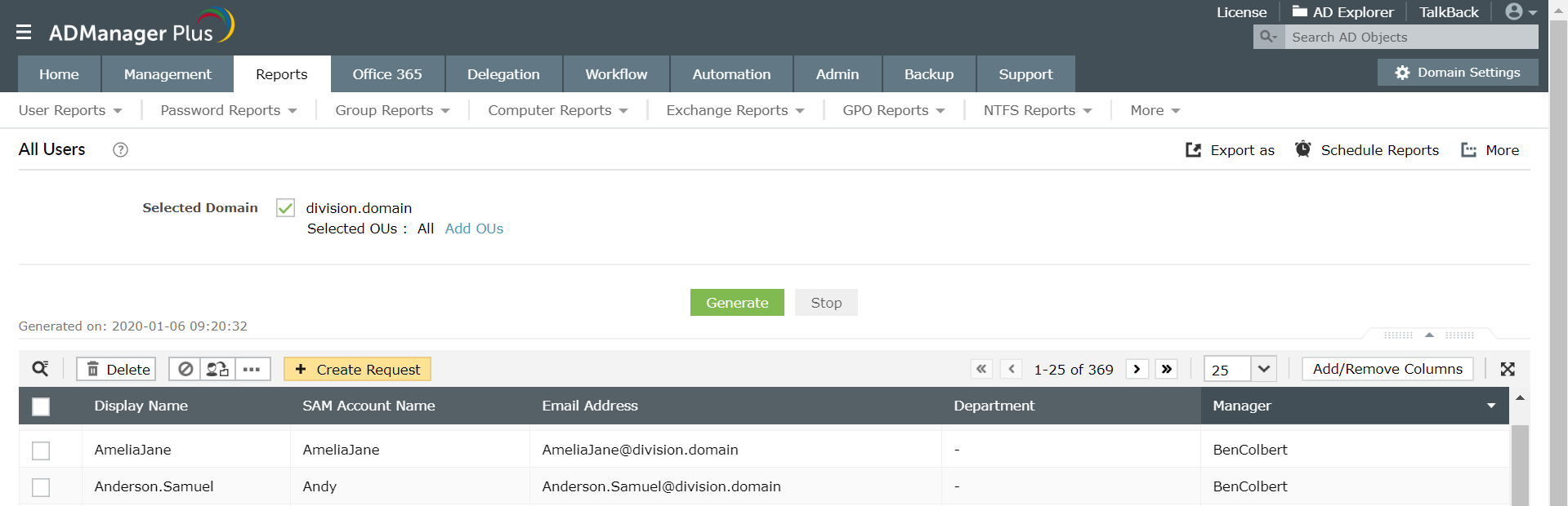 Screenshot of ADManager Plus listing all the users along with their managers display names