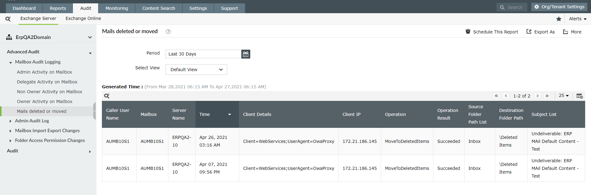 Afficher tous les e-mails supprim&eacute;s ou d&eacute;plac&eacute;s avec Exchange Reporter Plus