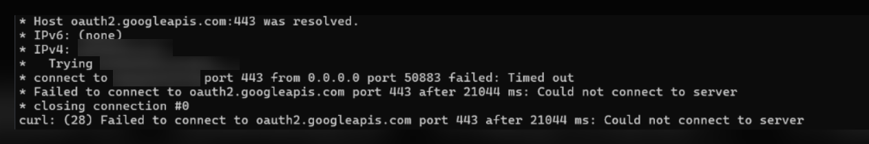 Curl command output confirming successful connectivity to Google OAuth and Android Enterprise API endpoints