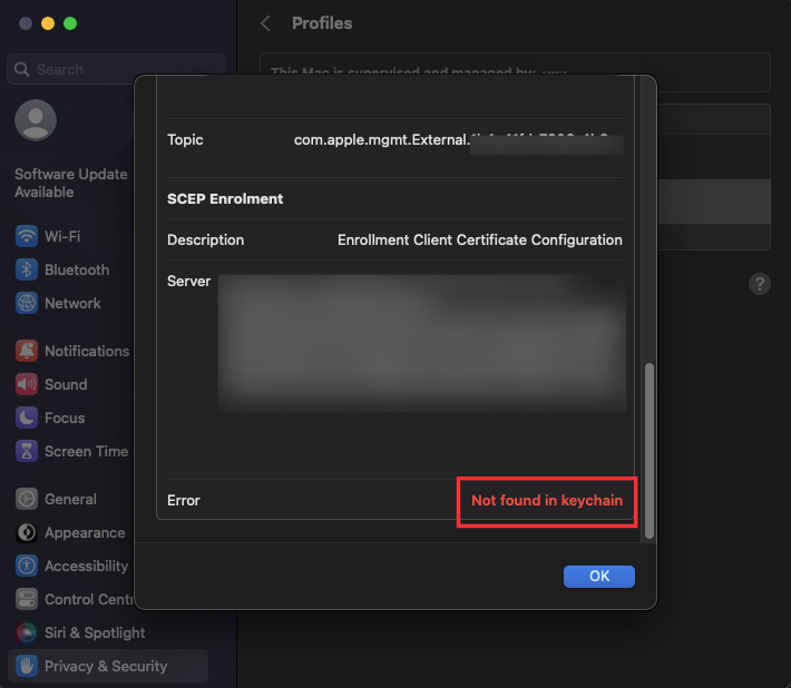 Certificate and private key required in the device keychain during iOS/Mac MDM enrollment