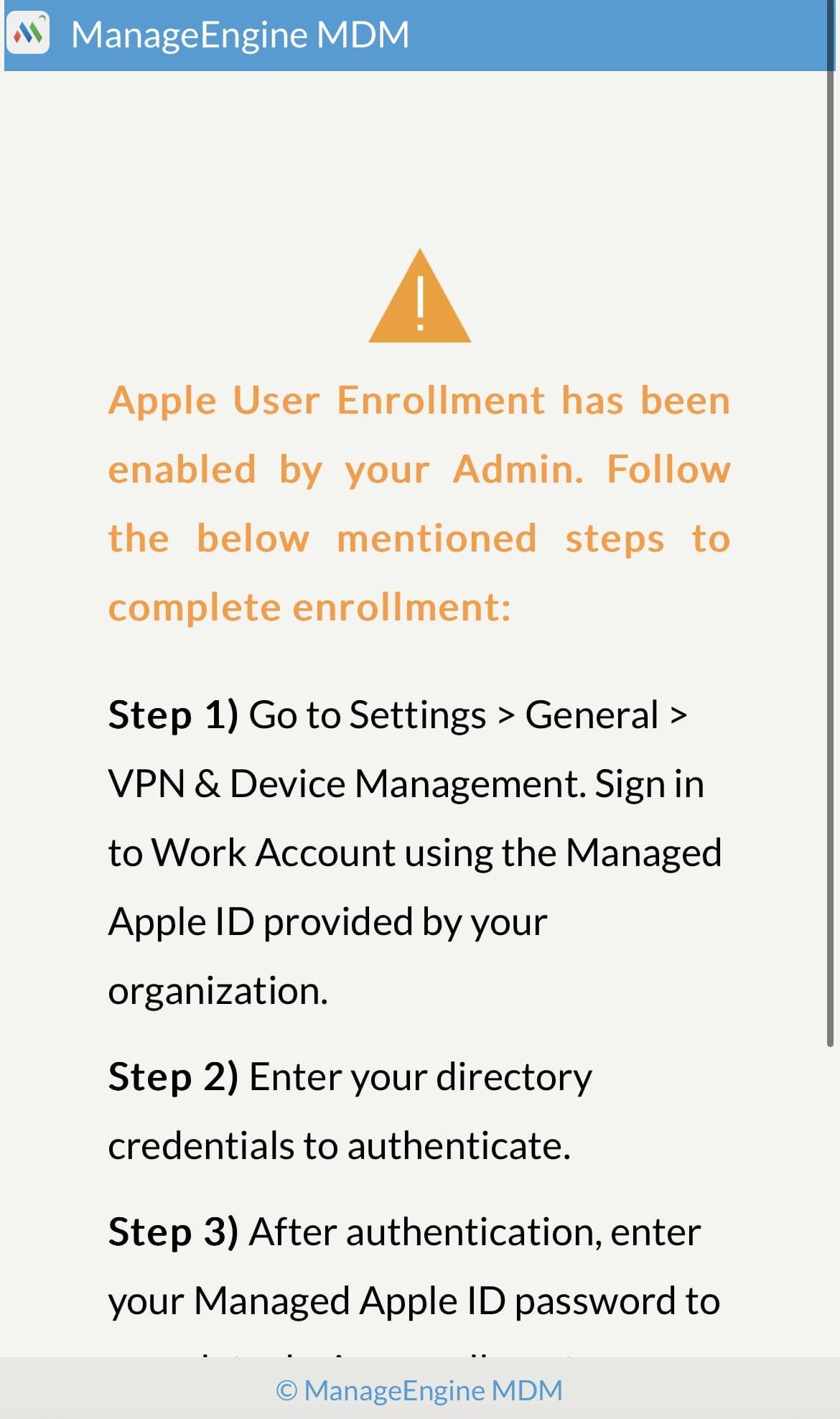 Apple User Enrollment warning message shown during self enrollment