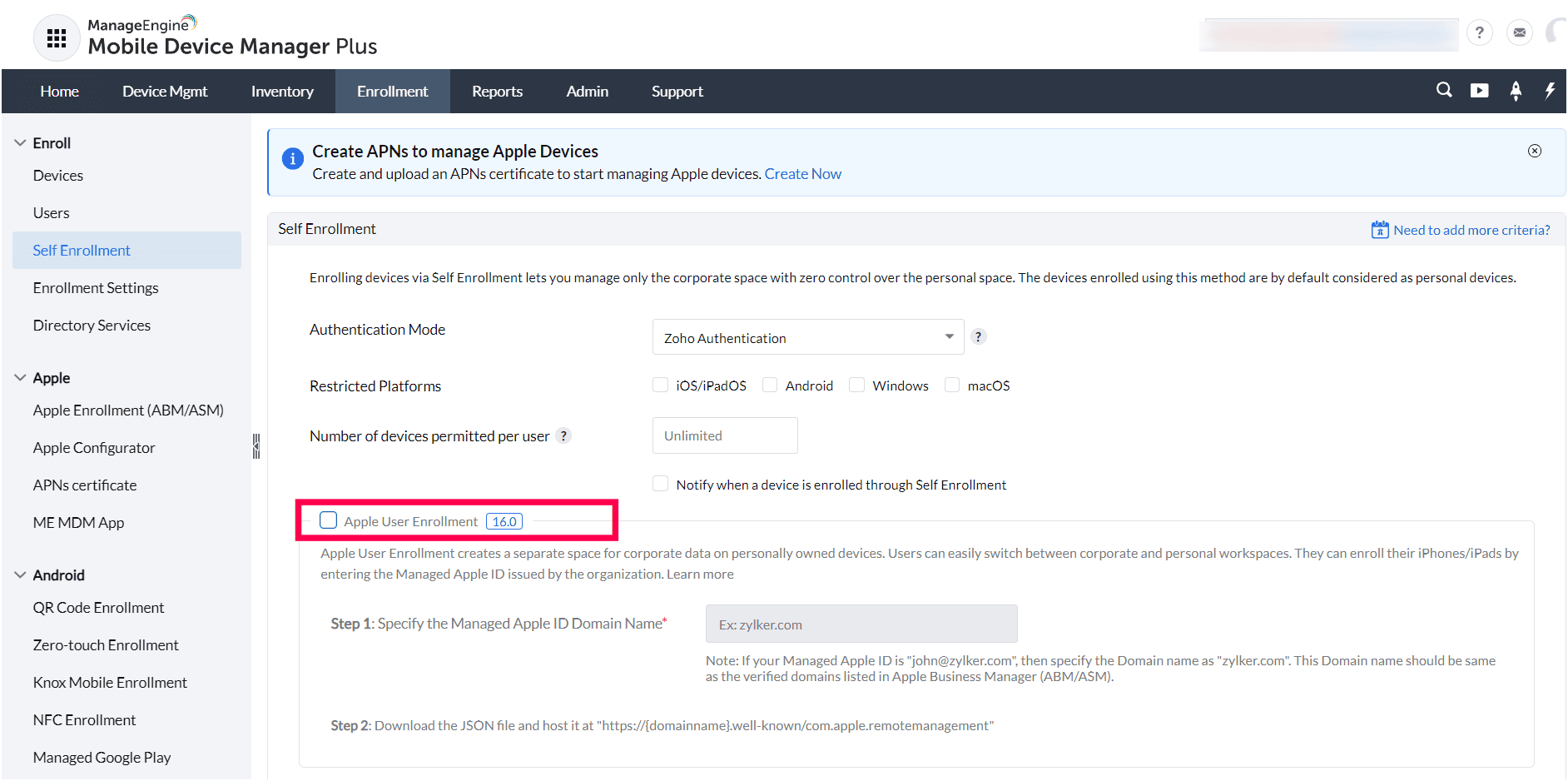 Self Enrollment settings showing the Apple User Enrollment option to disable