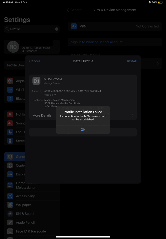Profile Installation Failed error showing a connection to the MDM server could not be established