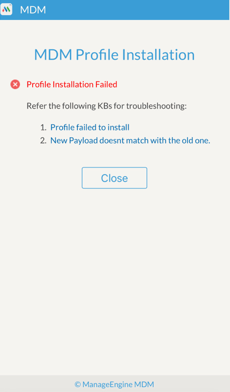 Profile Installation Failed error message shown on an iOS device screen