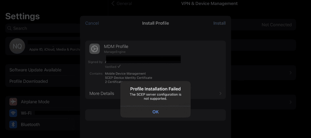 MDM profile installation error stating the SCEP server configuration is not supported