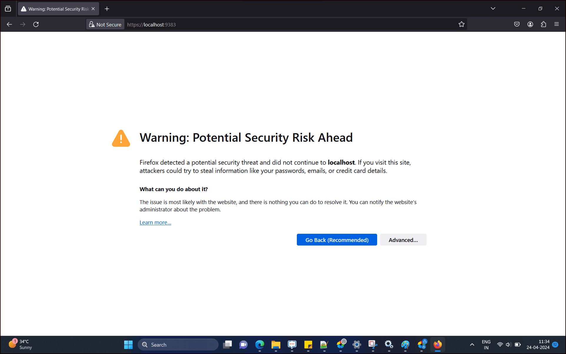 Potential Security Risk Ahead browser warning shown when enrolling a device with an on-premises MDM server