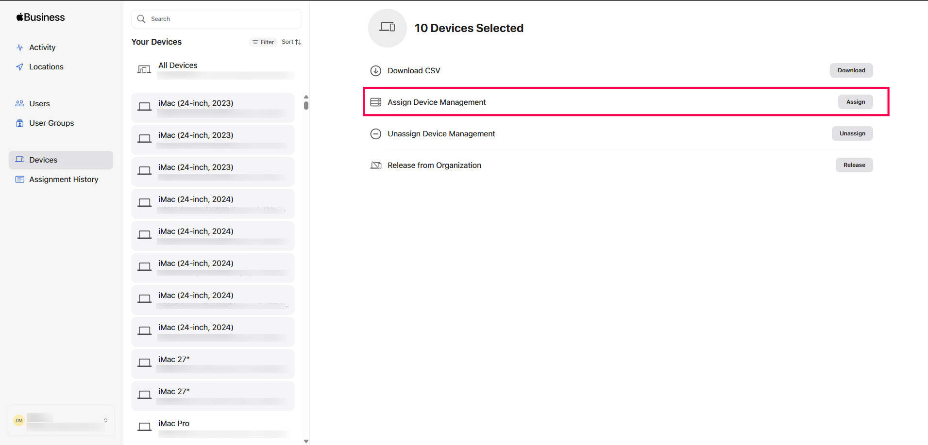 Apple Business Manager device selection before assigning device management